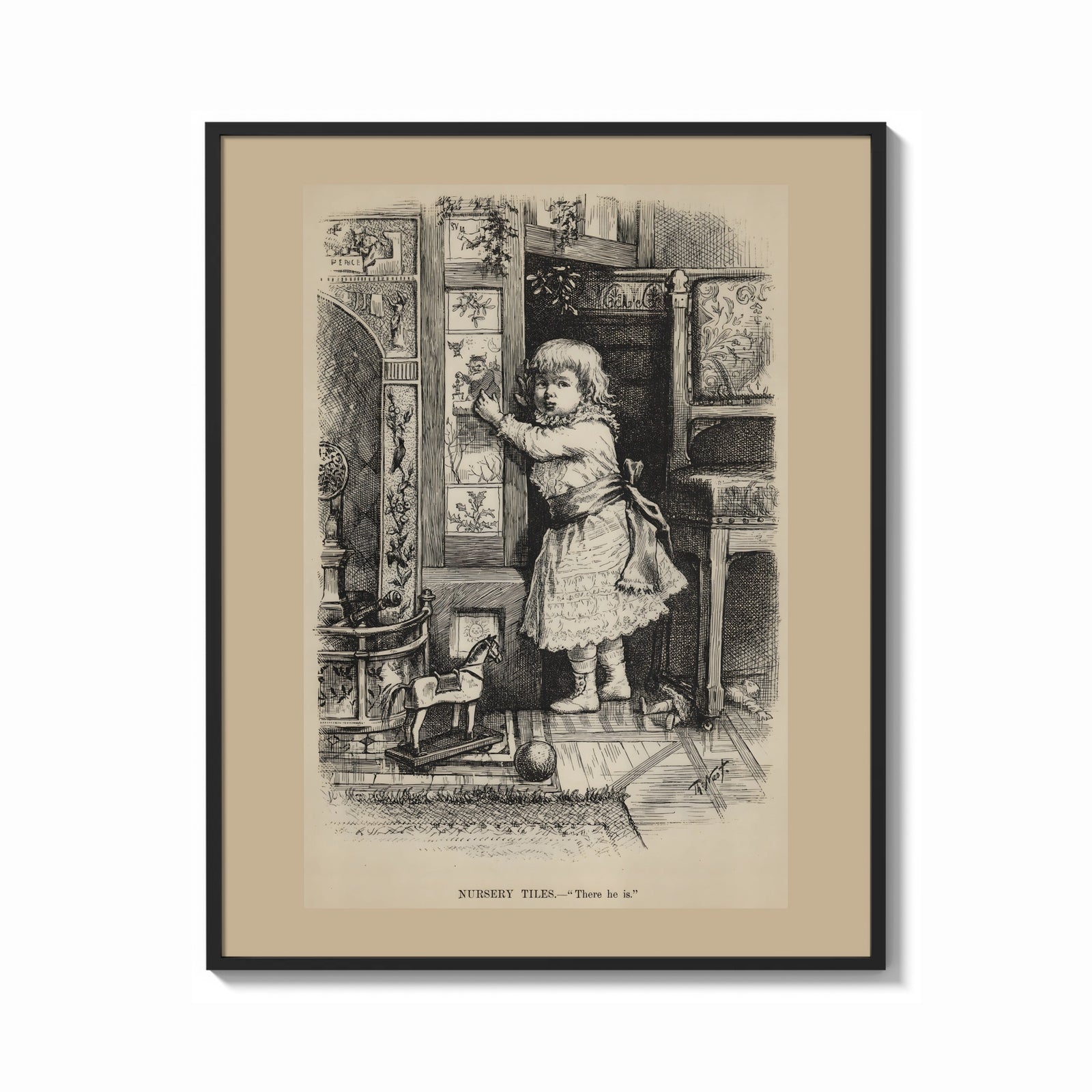 Framed Small child reaching toward nursery wall tiles print shown as a bold statement piece on a clean gallery wall