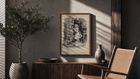 Small child reaching toward nursery wall tiles poster framed above a fluted sideboard beside an olive tree