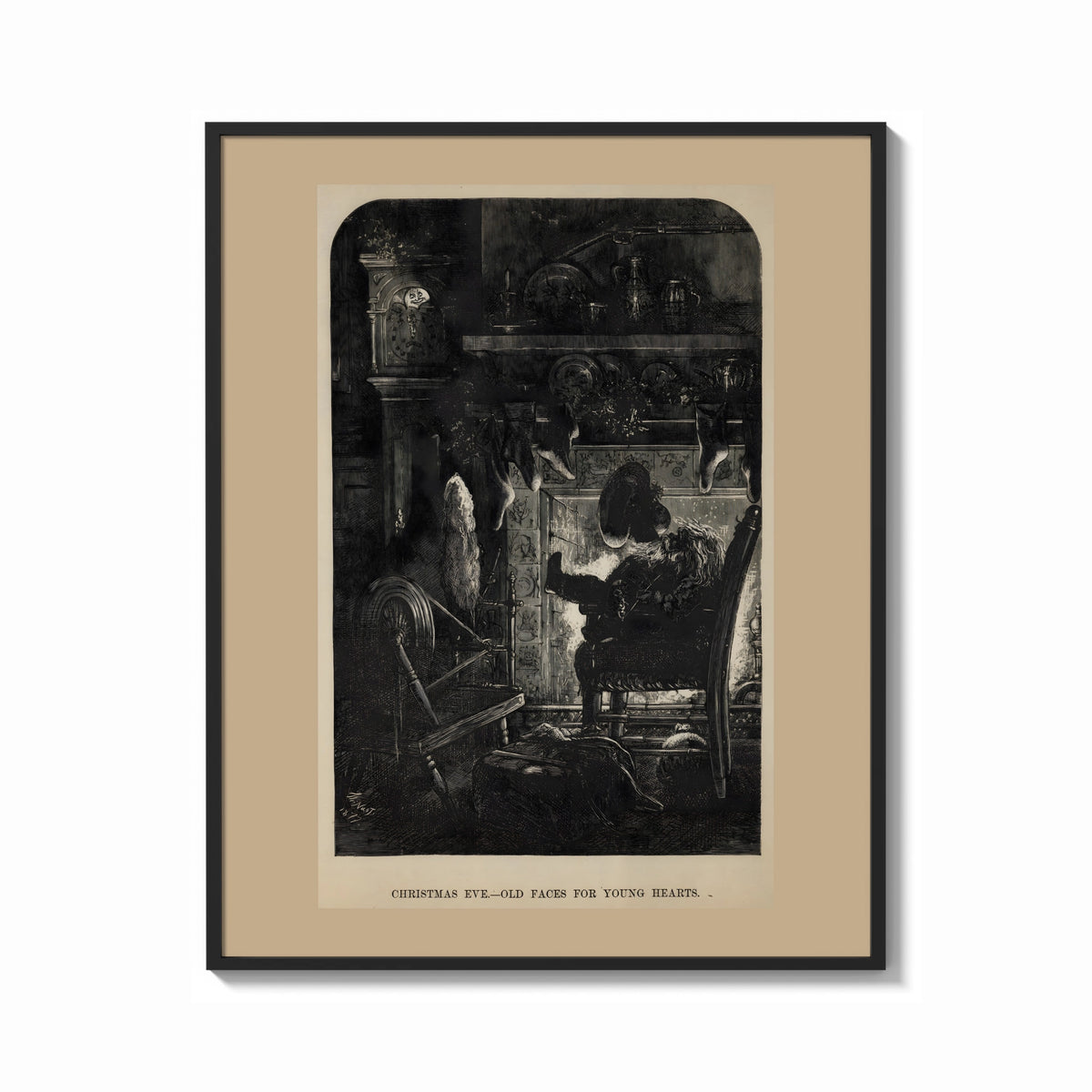 Framed Santa Claus seated before a fireplace print shown as a bold statement piece on a clean gallery wall