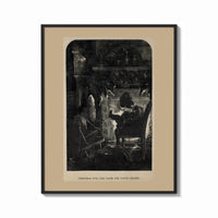 Framed Santa Claus seated before a fireplace print shown as a bold statement piece on a clean gallery wall