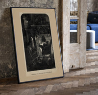 Santa Claus seated before a fireplace print in a black frame leaning beside a vintage door on parquet