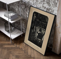 Santa Claus seated before a fireplace poster in a black frame leaning beside a shelf in a raw-plaster loft