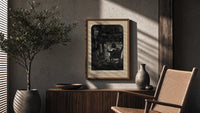 Santa Claus seated before a fireplace poster framed above a fluted sideboard beside an olive tree
