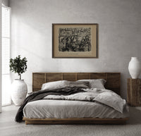 Mother Goose singing at piano with children print in a dark wood frame above a rattan bed on a plaster wall