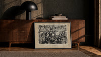 Mother Goose singing at piano with children print in a black frame leaning against a walnut console in lamplight
