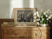 Mother Goose singing at piano with children print in an oak frame on a farmhouse dresser beside white tulips