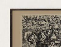 Close-up of the Mother Goose singing at piano with children print's dark wood frame corner and archival matte paper