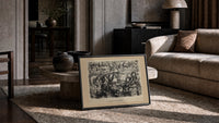 Mother Goose singing at piano with children print in a slim black frame leaning on a travertine coffee table