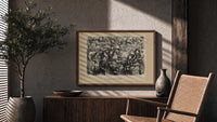 Mother Goose singing at piano with children print in a wood frame above a fluted sideboard beside an olive tree