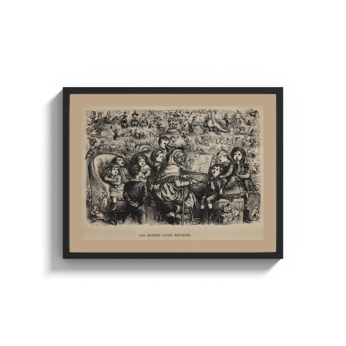 Framed Mother Goose singing at piano with children print shown as a wide statement piece on a clean white wall