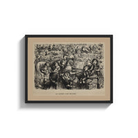 Framed Mother Goose singing at piano with children print shown as a wide statement piece on a clean white wall