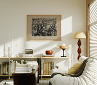 Mother Goose singing at piano with children print in an oak frame above a mid-century book console with a vintage radio