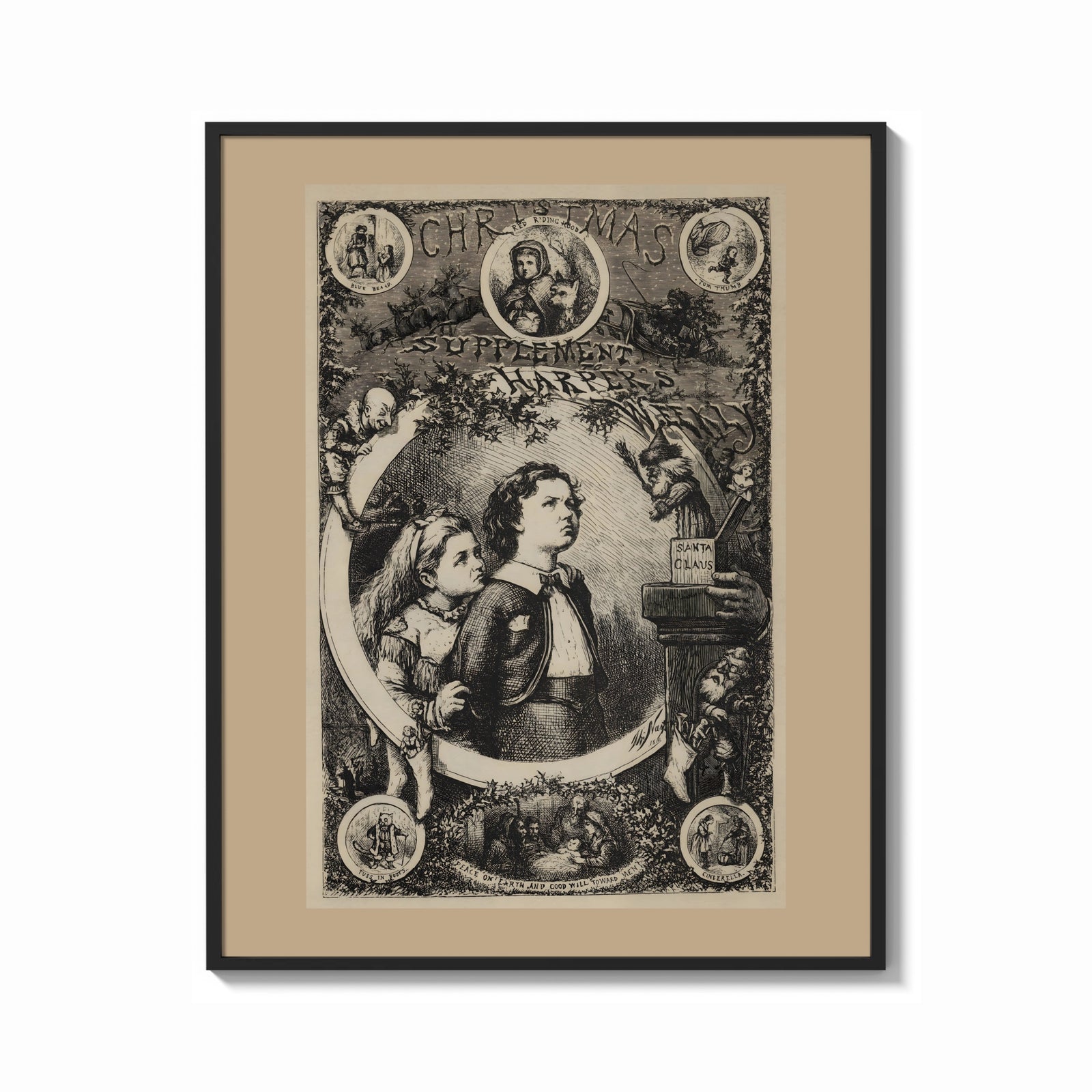 Framed Two children awaiting Santa Claus on Christmas print shown as a bold statement piece on a clean gallery wall