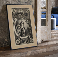 Two children awaiting Santa Claus on Christmas print in a black frame leaning beside a vintage door on parquet