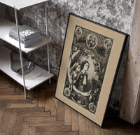 Two children awaiting Santa Claus on Christmas poster in a black frame leaning beside a shelf in a raw-plaster loft
