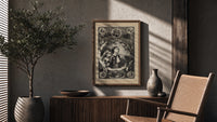 Two children awaiting Santa Claus on Christmas poster framed above a fluted sideboard beside an olive tree