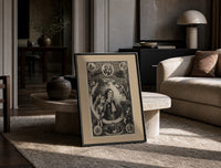 Two children awaiting Santa Claus on Christmas print in a black frame leaning on a travertine table in a sunlit lounge