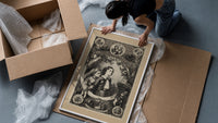 Two children awaiting Santa Claus on Christmas framed print being unpacked from protective bubble wrap and a box