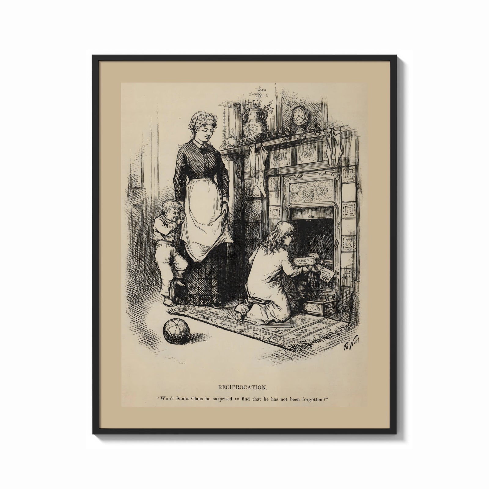 Framed Children leaving gifts for Santa Claus print shown as a bold statement piece on a clean gallery wall