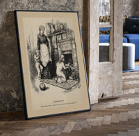 Children leaving gifts for Santa Claus print in a black frame leaning beside a vintage door on parquet