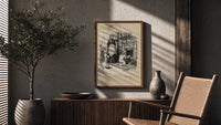 Children leaving gifts for Santa Claus poster framed above a fluted sideboard beside an olive tree