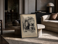 Children leaving gifts for Santa Claus print in a black frame leaning on a travertine table in a sunlit lounge
