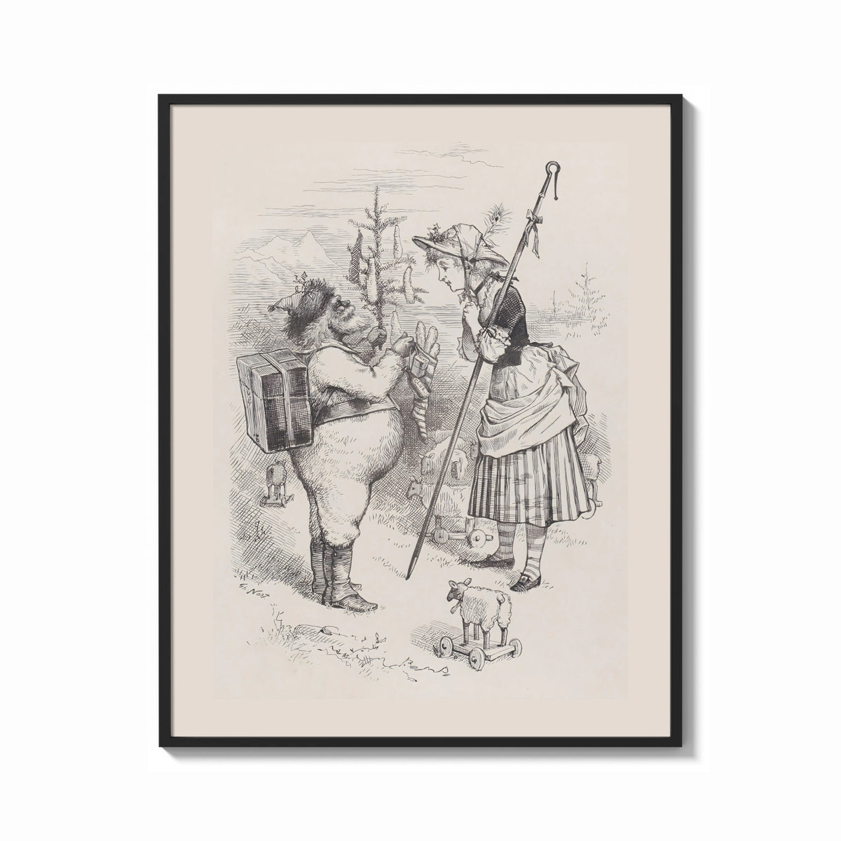 Framed Santa Claus meeting a shepherdess print shown as a bold statement piece on a clean gallery wall