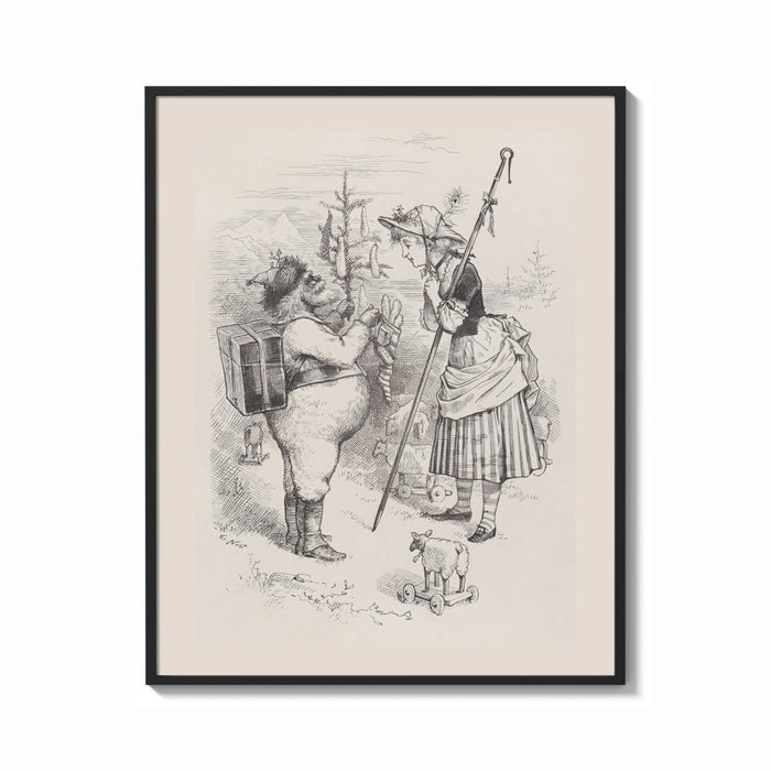 Framed Santa Claus meeting a shepherdess print shown as a bold statement piece on a clean gallery wall