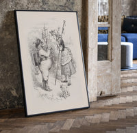 Santa Claus meeting a shepherdess print in a black frame leaning beside a vintage door on parquet