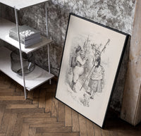 Santa Claus meeting a shepherdess poster in a black frame leaning beside a shelf in a raw-plaster loft