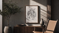 Santa Claus meeting a shepherdess poster framed above a fluted sideboard beside an olive tree