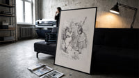 Santa Claus meeting a shepherdess print in a slim black frame leaning on a dark sofa in a concrete print studio