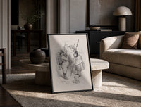 Santa Claus meeting a shepherdess print in a black frame leaning on a travertine table in a sunlit lounge