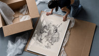 Santa Claus meeting a shepherdess framed print being unpacked from protective bubble wrap and a box