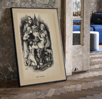 Santa Claus surrounded by five children print in a black frame leaning beside a vintage door on parquet