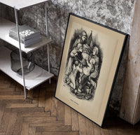 Santa Claus surrounded by five children poster in a black frame leaning beside a shelf in a raw-plaster loft
