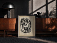 Black-framed Santa Claus surrounded by five children print on a moody console with designer coffee-table books