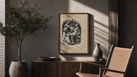 Santa Claus surrounded by five children poster framed above a fluted sideboard beside an olive tree