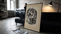 Santa Claus surrounded by five children print in a slim black frame leaning on a dark sofa in a concrete print studio