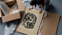 Santa Claus surrounded by five children framed print being unpacked from protective bubble wrap and a box