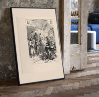 Santa Claus giving gifts to Union soldiers print in a black frame leaning beside a vintage door on parquet