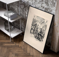 Santa Claus giving gifts to Union soldiers poster in a black frame leaning beside a shelf in a raw-plaster loft