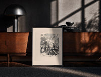 Black-framed Santa Claus giving gifts to Union soldiers print on a moody console with designer coffee-table books