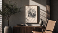 Santa Claus giving gifts to Union soldiers poster framed above a fluted sideboard beside an olive tree