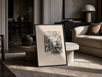 Santa Claus giving gifts to Union soldiers print in a black frame leaning on a travertine table in a sunlit lounge