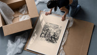 Santa Claus giving gifts to Union soldiers framed print being unpacked from protective bubble wrap and a box