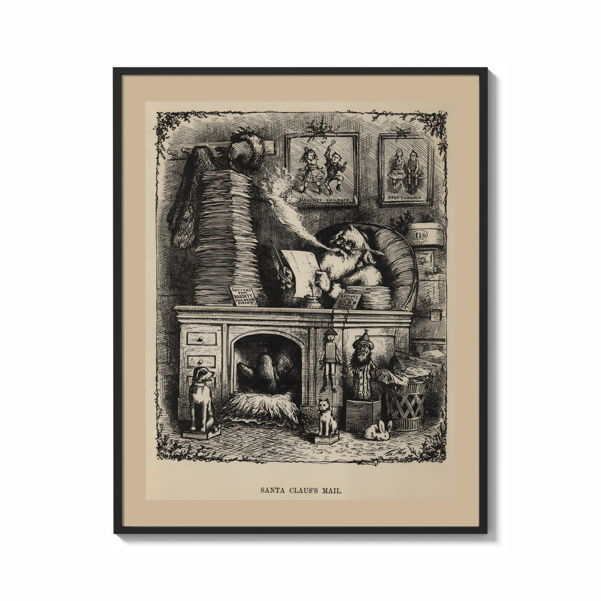 Framed Santa Claus reading letters at desk print shown as a bold statement piece on a clean gallery wall