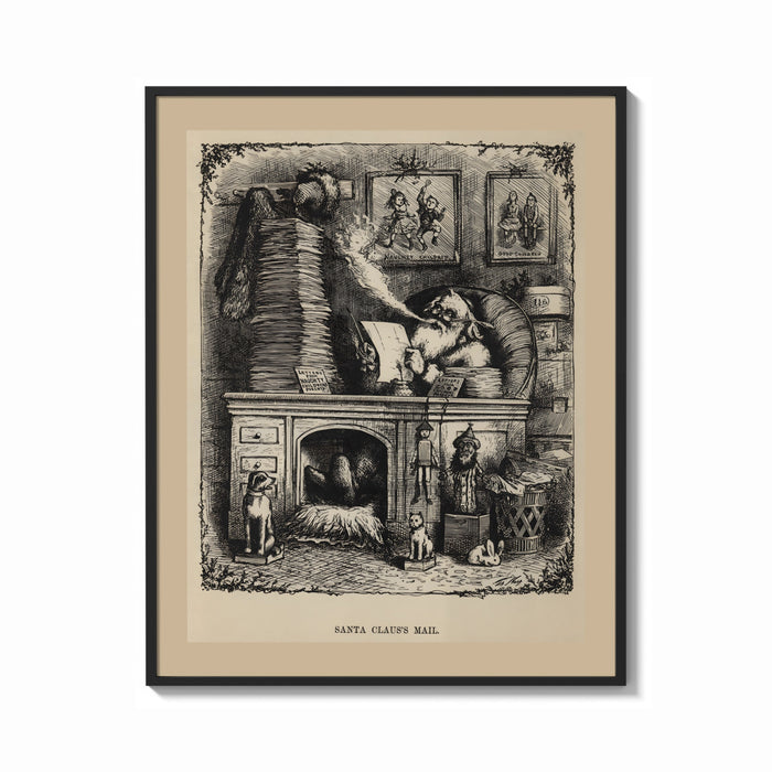 Framed Santa Claus reading letters at desk print shown as a bold statement piece on a clean gallery wall
