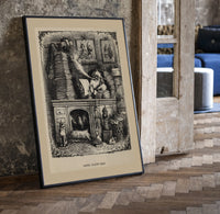 Santa Claus reading letters at desk print in a black frame leaning beside a vintage door on parquet