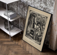 Santa Claus reading letters at desk poster in a black frame leaning beside a shelf in a raw-plaster loft